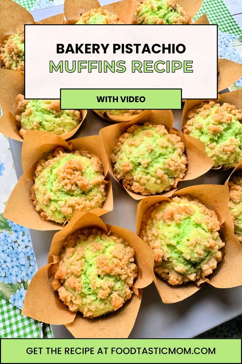 Bakery-style pistachio muffins are easy to make at home. They are a treat with their green hue, pistachio flavor and generous crunch topping. via @foodtasticmom