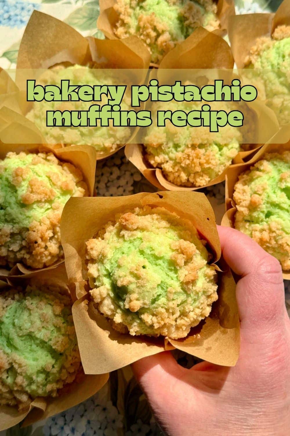 Bakery-style pistachio muffins are easy to make at home. They are a treat with their green hue, pistachio flavor and generous crunch topping. via @foodtasticmom