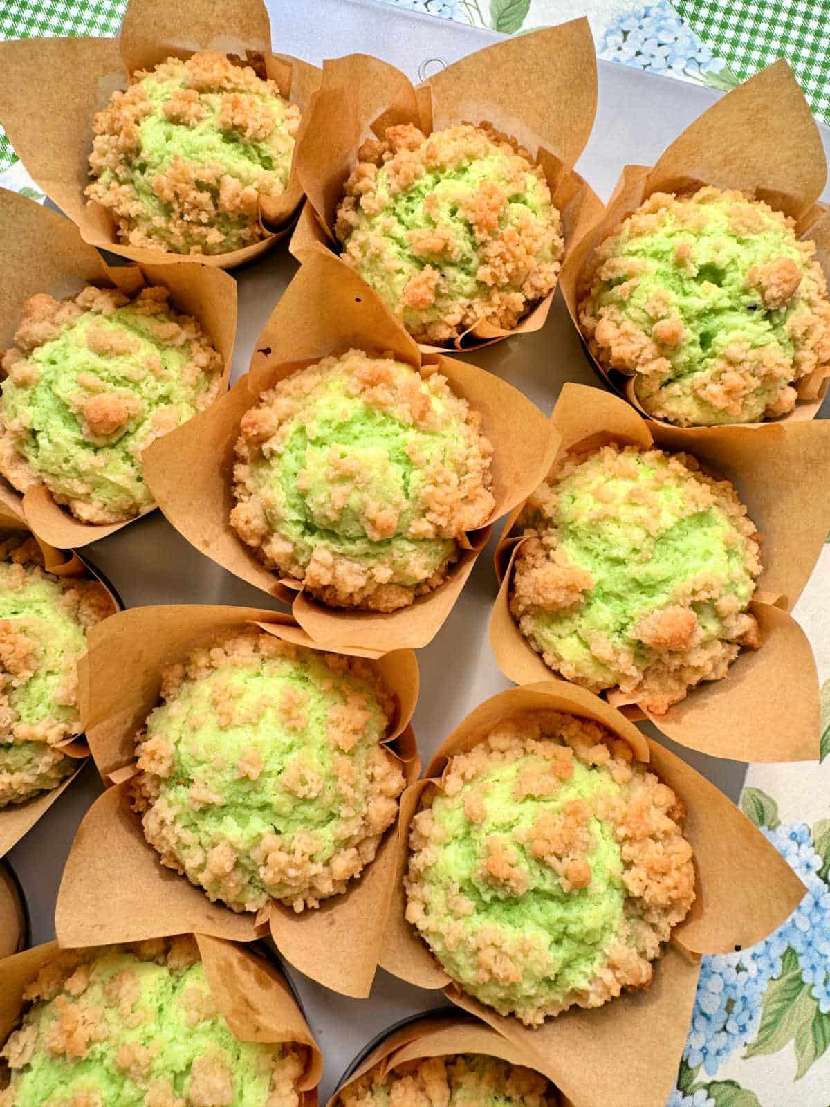 stylized photo of pistachio muffins resting on pretty floral and gingham blue and green fabric squares