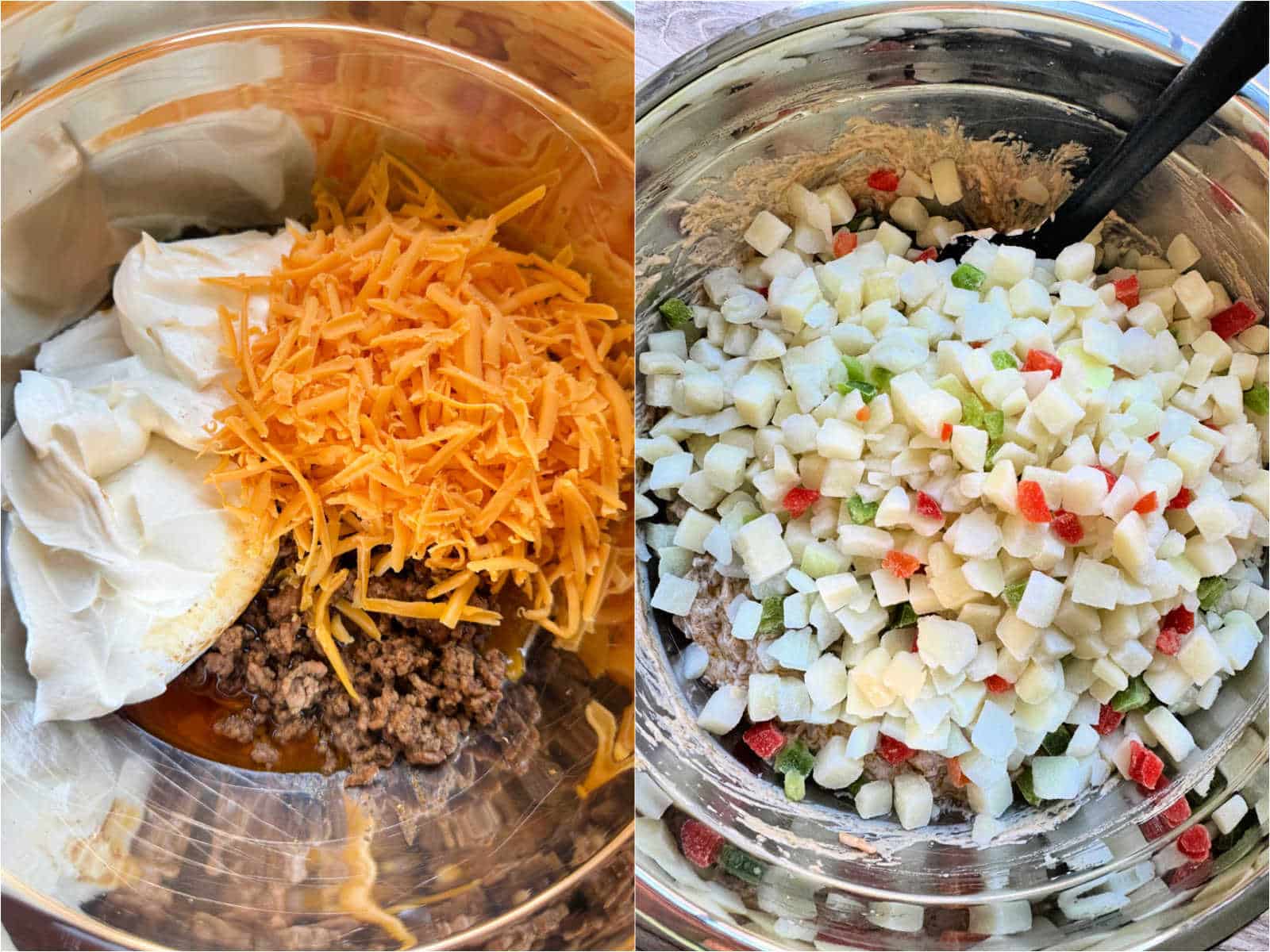 a collage of two photos, showing the taco meat and sauce being mixed together with the hash brown potatoes