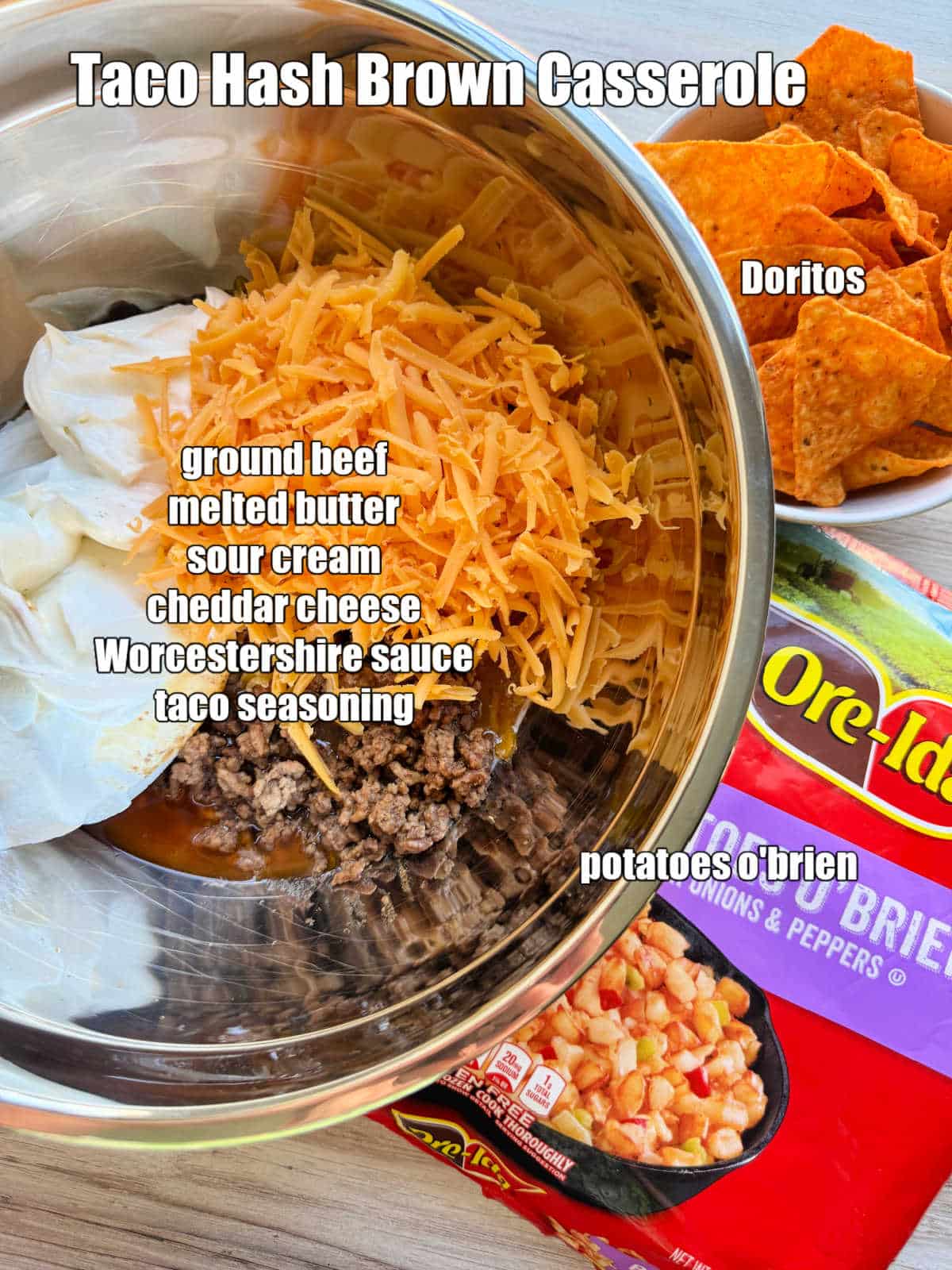 picture of ingredients needed to make taco hash brown casserole