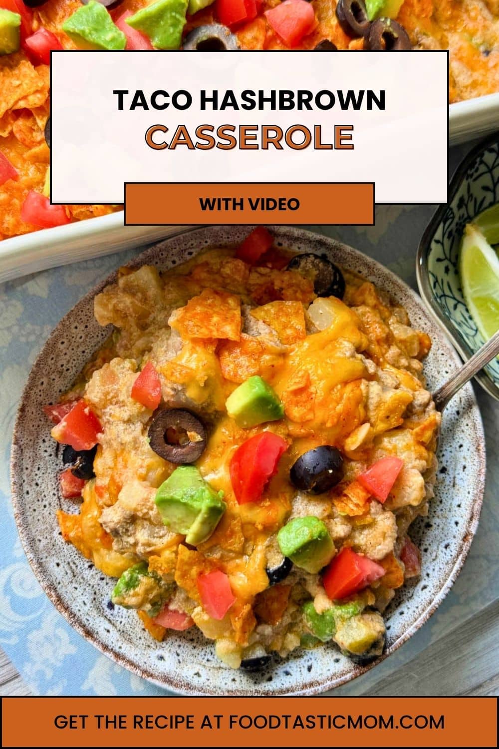 My taco hash brown casserole combines my cheesy potatoes with taco seasoned ground beef and taco toppings. It's comforting and kid friendly. via @foodtasticmom