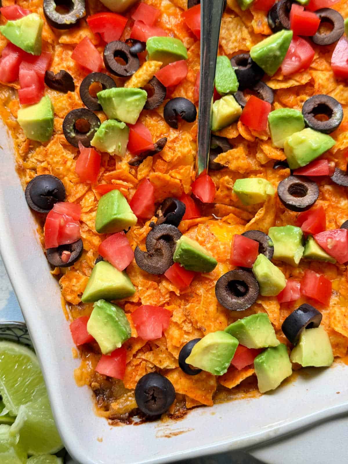 freshly baked taco hash brown casserole in its baking dish