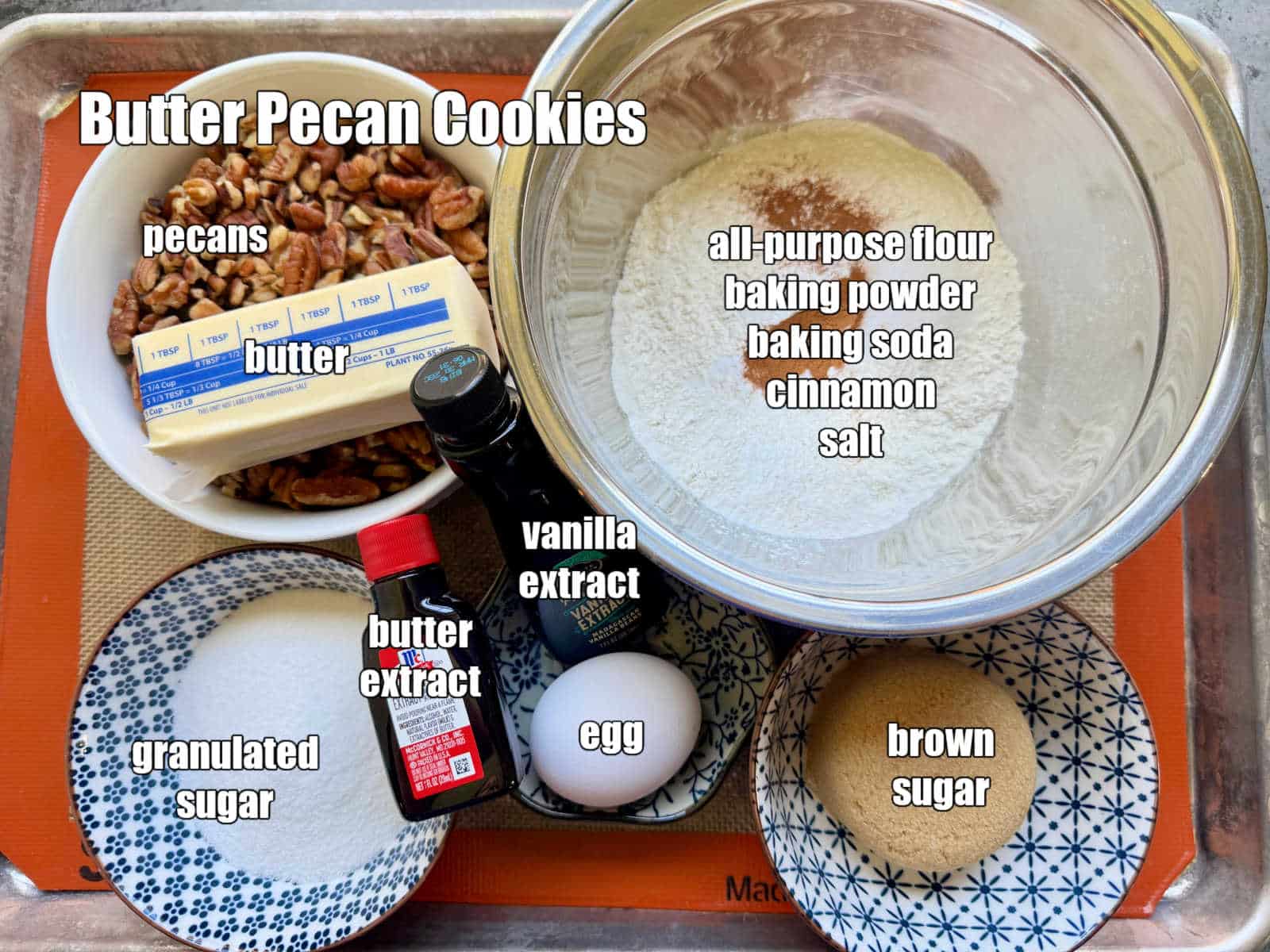 picture of ingredients needed to make butter pecan cookies