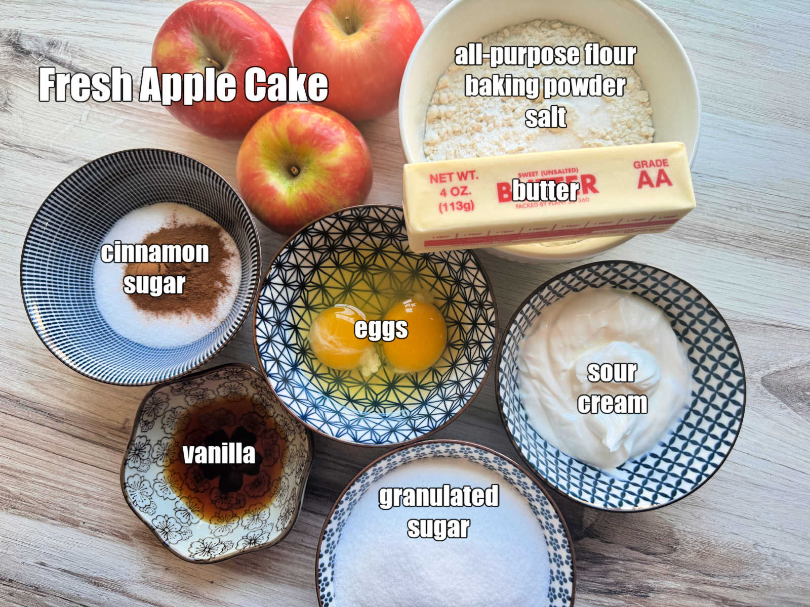 picture of ingredients needed to make fresh apple cake