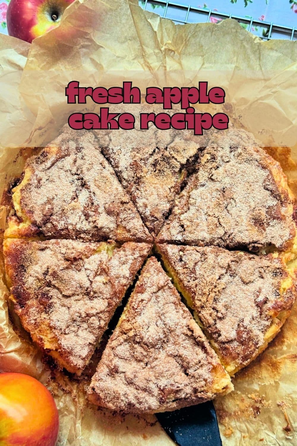 Fresh apple cake uses three apples (two cups of chopped apples). It's quick to make with a tender crumb and crunchy cinnamon sugar topping. via @foodtasticmom