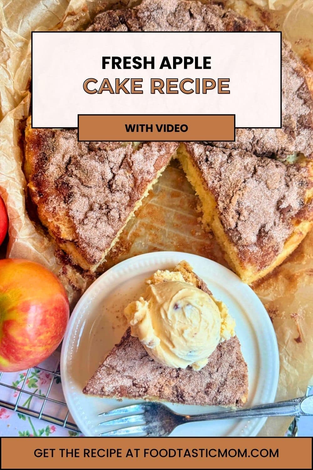 Fresh apple cake uses three apples (two cups of chopped apples). It's quick to make with a tender crumb and crunchy cinnamon sugar topping. via @foodtasticmom