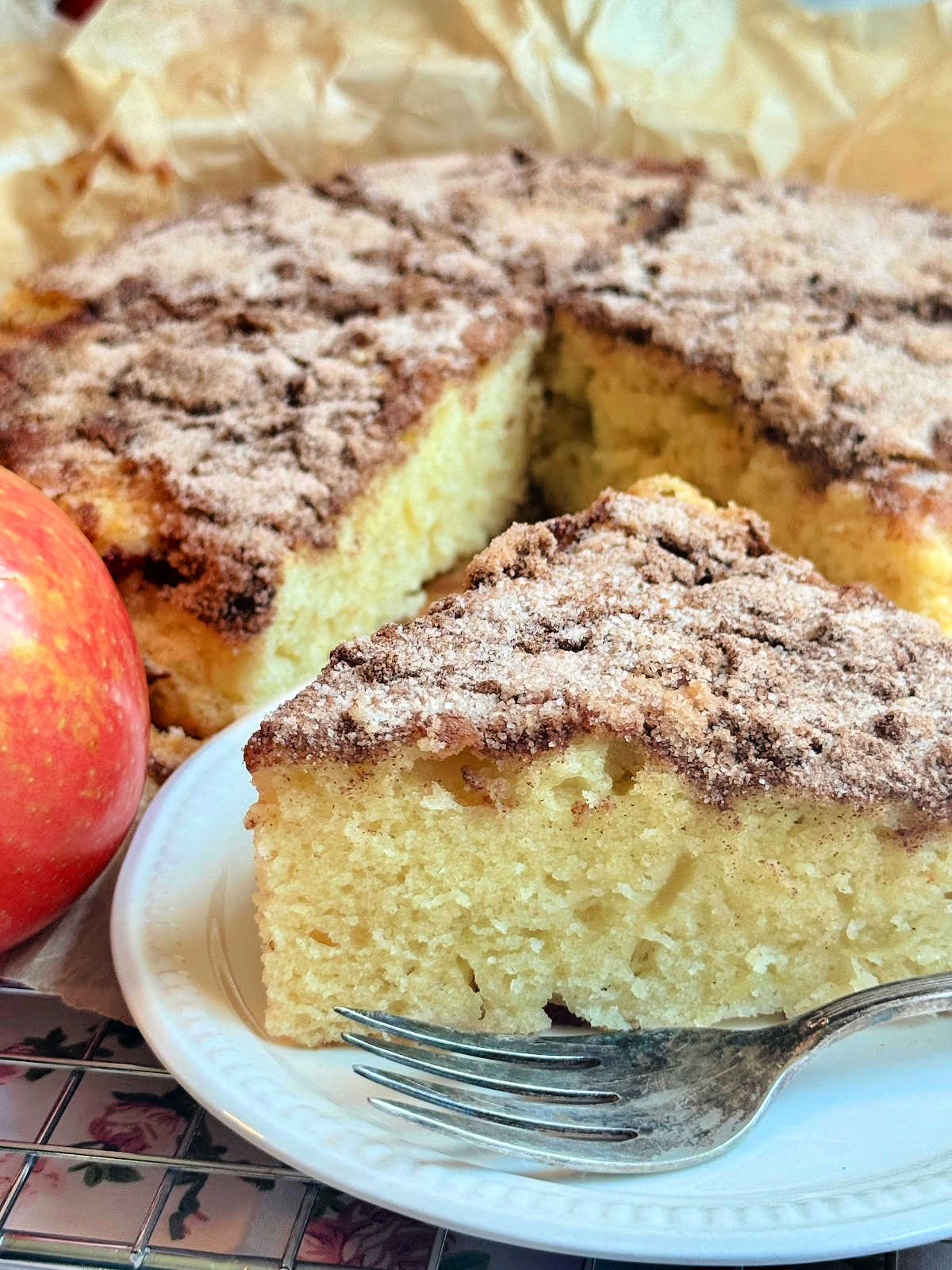 plated slice of fresh apple cake