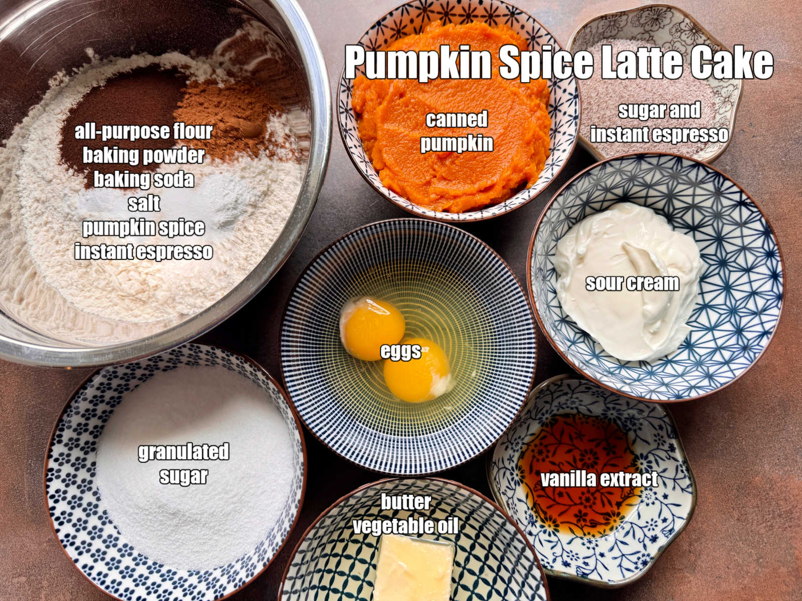 picture of ingredients needed to make pumpkin spice latte cake recipe