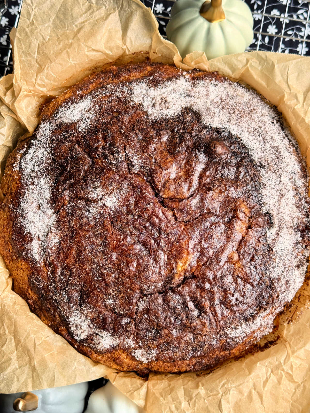 freshly baked pumpkin spice latte cake on a cooling rack