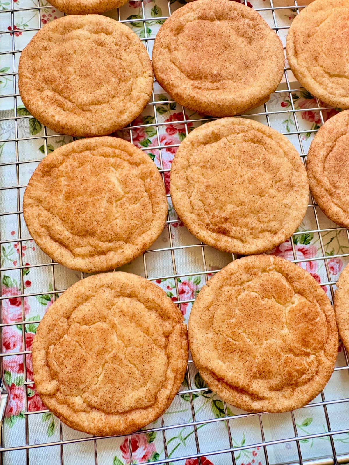 freshly baked snickerdoodles cooling on a wire rack