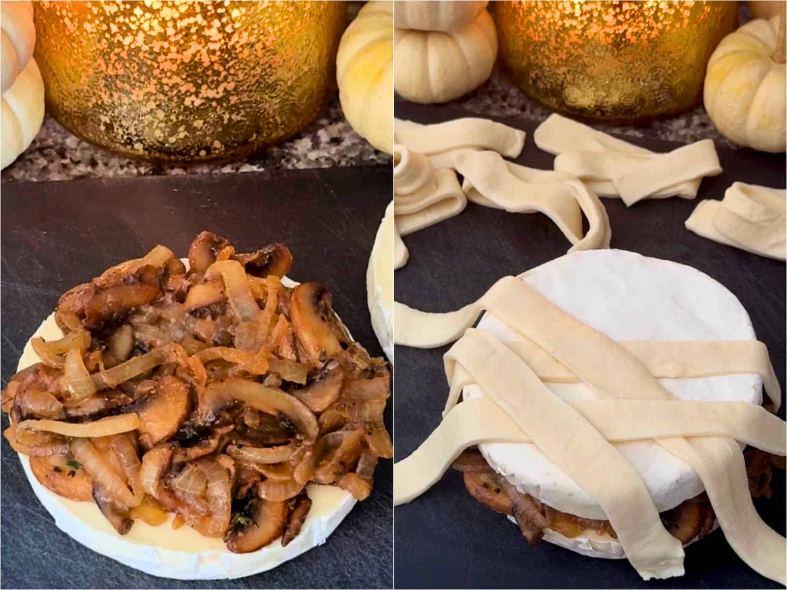 showing the wheel of brie with the mushroom mixture inside and then being wrapped in the puff pastry strips