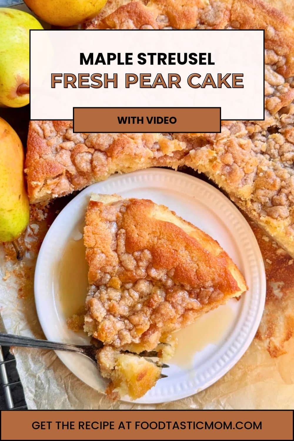My pear cake recipe is another variation of my viral French Strawberry Cake. I added maple syrup and streusel topping for cozy fall comfort. via @foodtasticmom
