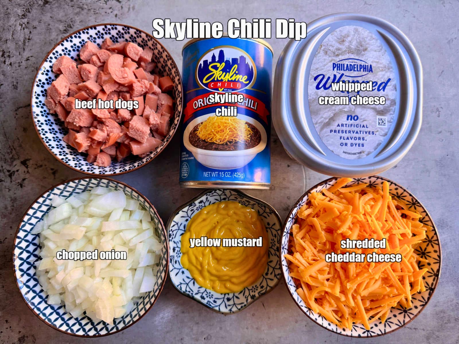 picture of ingredients needed to make skyline chili dip