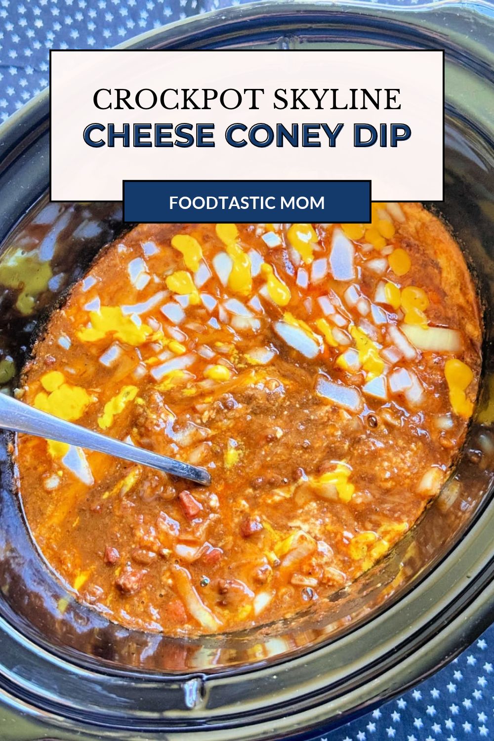 Skyline chili dip is the fourth recipe in my series - layered cream cheese dips for the slow cooker. Cheese coney dip with mustard and onion! via @foodtasticmom