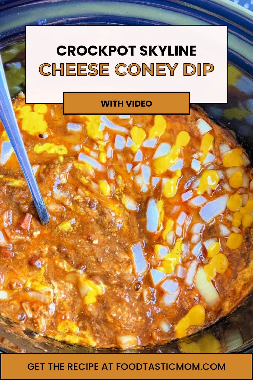 Skyline chili dip is the fourth recipe in my series - layered cream cheese dips for the slow cooker. Cheese coney dip with mustard and onion! via @foodtasticmom