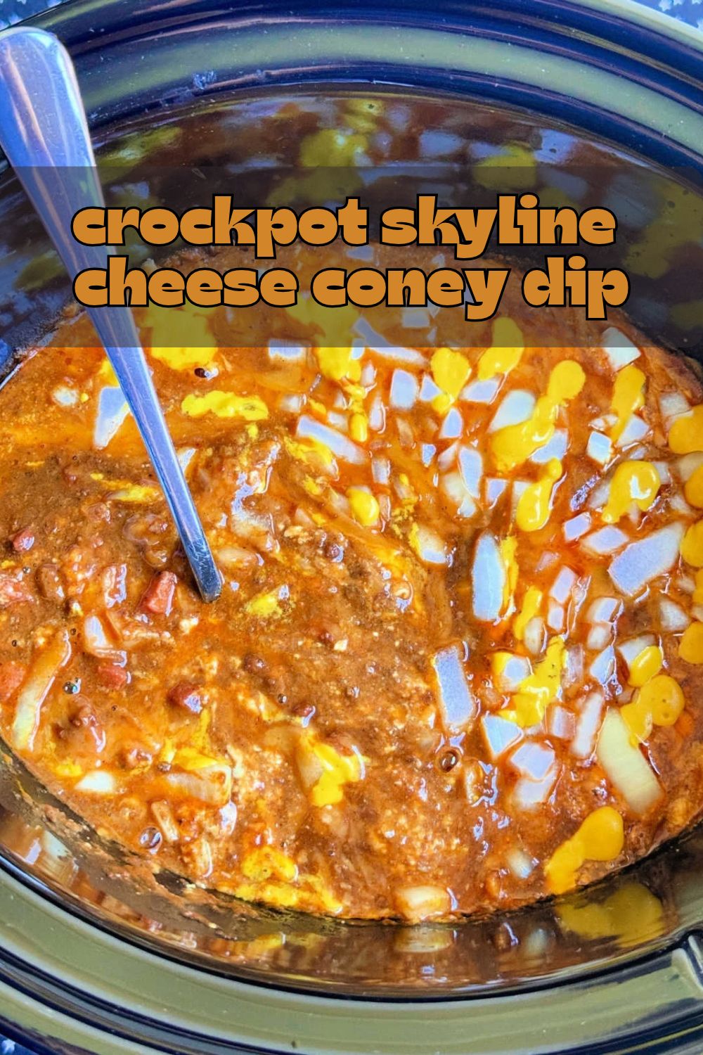 Skyline chili dip is the fourth recipe in my series - layered cream cheese dips for the slow cooker. Cheese coney dip with mustard and onion! via @foodtasticmom